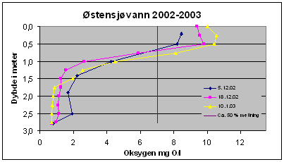 Oksygenkonsentrasjonen ved tre prøvetidspunkt
